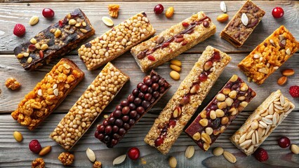 Poster - Healthy still life image of a variety of energy bars as a snack option, energy bars, healthy, snack, variety, nutrition