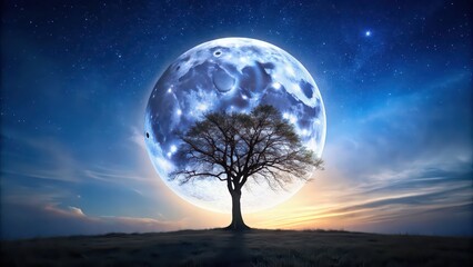 Poster - Majestic view of a full moon rising behind a silhouette of a lone tree in a tranquil night scene , moon, tree, nature, night