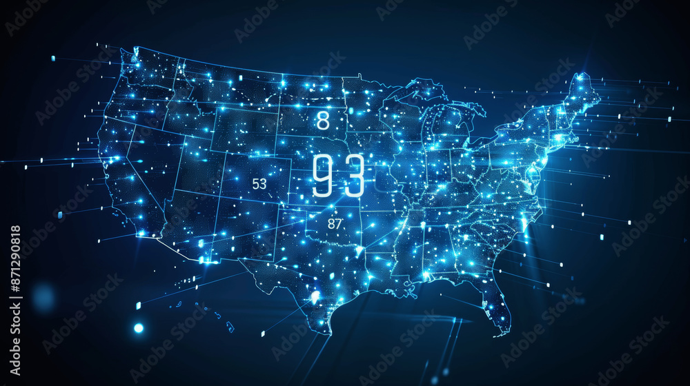 Digital Map of USA with Glowing Connections for Data Transfer and Cyber ...