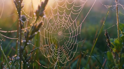 Frame the intricate details of a dew-covered spider web at dawn