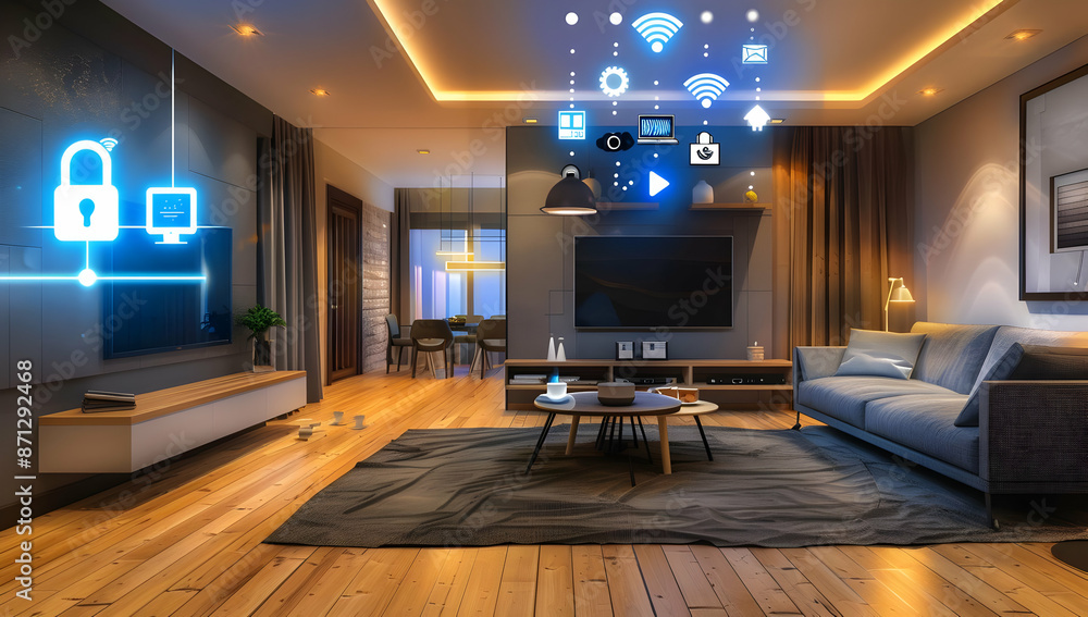 Modern smart living room with connected devices and home automation ...