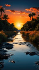 Wall Mural - a river runs through a jungle with a red sunset.