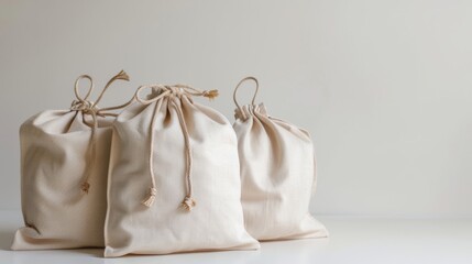 Wall Mural - Three beige drawstring bags on a white surface