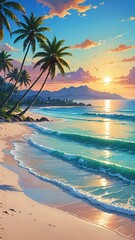 Wall Mural - Beautiful beach view with sunset or sunrise with several coconut trees 