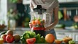© sablengjago - Close up woman hand blending fruits and vegetables with blender on modern kitchen blurred background. Generative AI
