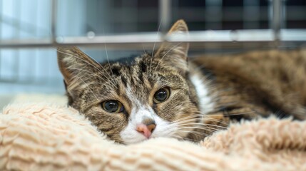 Unwell cat on soft bedding at vet clinic looks sad at camera Potential health issue