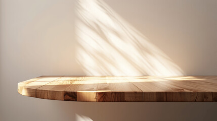 Wall Mural - Minimal Wooden Table with Natural Wood Grain Sunlight Empty Podium for Luxury Cosmetic Skincare Product Display in Bright Room