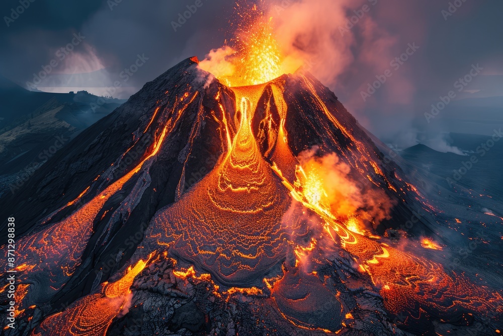 Volcano eruption, flowing lava cascading down its slopes with smoke and ...