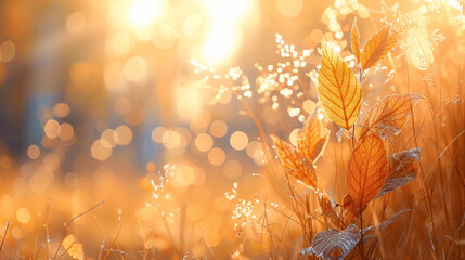 Wall Mural - Autumn Nature Background with Sunlight and Bokeh, Golden Hour Meadow Grass, Autumn Forest, Blurred Background