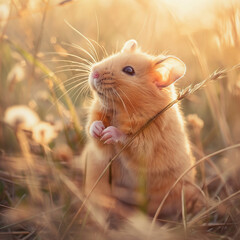 Adorable Hamster in Sunlit Field with Wildflowers at Golden Hour