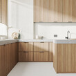 © Oleksandr Shcherban/Stocksy - Kicthen interior - wooden cabinets and white plaster walls, 3d render