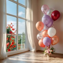 Bright room with large window decorated with balloons and flowers. Natural light. Holiday background Generative AI 