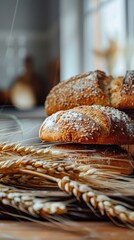 Freshly baked sesame bread on a rustic table with wheat stalks