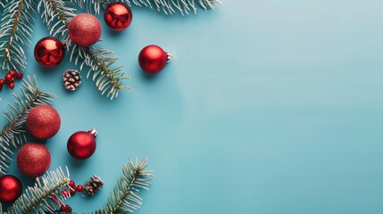 New Year s flat lay with spruce branches red Christmas balls on blue background and space for text