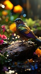 Wall Mural - a colorful bird sits on a rock in front of some flowers.
