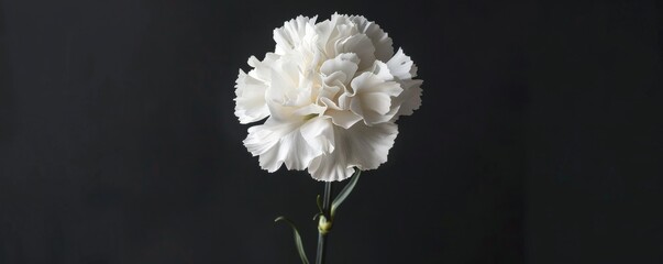 Wall Mural - White carnation flower on dark background, close-up shot. Floral elegance and simplicity concept