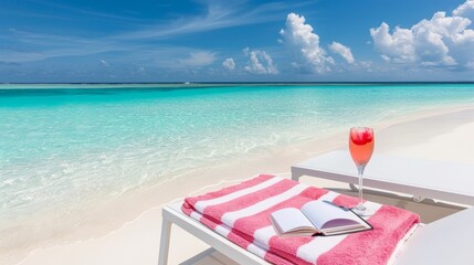 Sun lounger with beach towel, book and a glass of drink on a paradise island, vibrant colors, serene beach scene