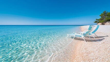 Untouched beach with sandy shore and chairs by the sea, clear blue waters, serene and peaceful environment, perfect for a relaxing retreat