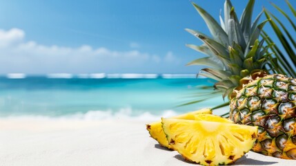 Wall Mural - Whole pineapple and slices on sandy beach, clear blue sea, untouched paradise, tropical palm trees, bright blue sky, serene and picturesque beach