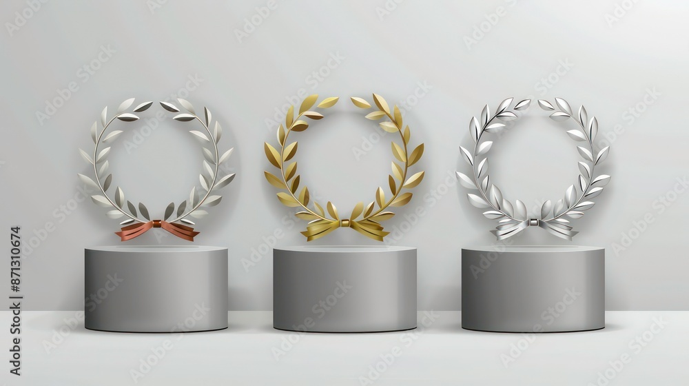 Winner background with golden, silver and bronze laurel wreaths with ...