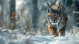 A lynx prowls through a snowy forest, its tufted ears alert to every sound. The snow-covered ground and trees create a serene, wintry scene.