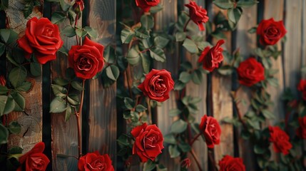 Sticker - Red roses bloom against a wooden backdrop