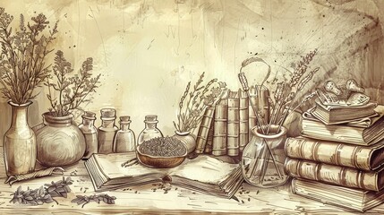 Herbal apothecary with ancient books and dried herbs, vintage style, detailed sketch, warm earth tones