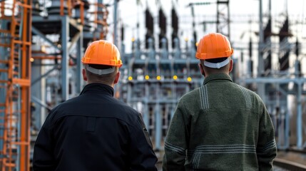 Wall Mural - Engineers in hard hats at an electrical power plant. 