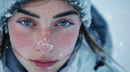 Wall Mural - The close up picture of the person looking at the camera with the white snow background in the middle of the snowy ice field, the skill require for ice field are fitness, ice safety knowledge. AIG43.