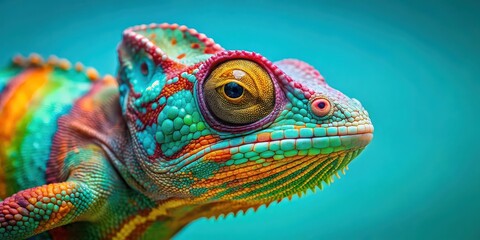 Canvas Print - Chameleon with vibrant colors on its skin against a turquoise background, looking directly at camera, chameleon