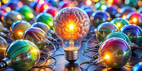 Poster - Close-up of a brain surrounded by colorful lightbulbs, brain, thinking, creativity, innovation, intelligence