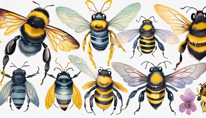 Wall Mural - watercolor illustration, assorted bumblebees, wild insect clip art, isolated on white background