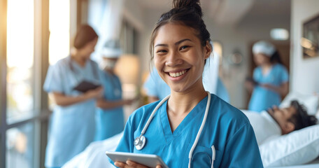 Sticker - A smiling nurse in blue scrubs holding an iPad, standing at the end of her medical office desk with other nurses and doctors blurred behind them in background.