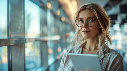 Wall Mural - A woman wearing glasses and holding a tablet in her hand