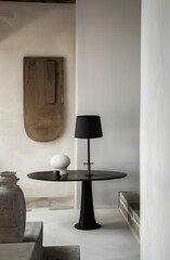 interior of modern living room with concrete floor, black round table and lamp.