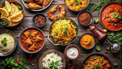 Poster - Traditional Indian dishes like biryani, curry and samosas displayed on a table , Indian, cuisine, food, traditional, assorted