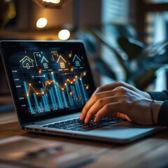 Wall Mural - a person is typing on a laptop with a graph on the screen