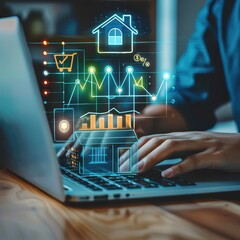 Wall Mural - a laptop screen shows a house and a person typing on it