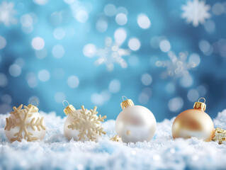 Wall Mural - Sparkling Blue Christmas Balls on Snow with Snowflake Background