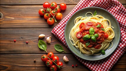 Wall Mural - Delicious and freshly made Italian meal placed on a plate , Mediterranean, cuisine, pasta, tomato, basil, olive oil