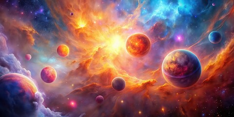 Wall Mural - colorful nebula with bright orange and pink orbs , space, abstract, nebula, colorful, bright, orange