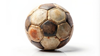 Wall Mural - Old worn soccer ball isolated on white background, vintage, sport, equipment, symbol, aged, retro, used, classic, leather