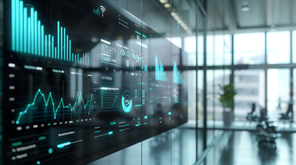 Canvas Print - business data statistics display on modern office glass wall, sales growth data, business analysis, 
