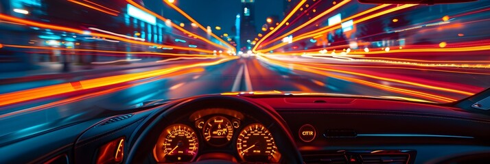 long exposure image of car dashboard and light trails on the outside of the windscreen. Night driving