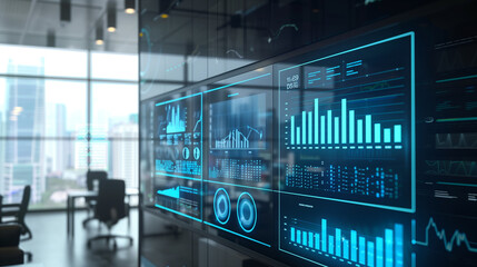 Wall Mural - business data statistics display on modern office glass wall, sales growth data, business analysis, 