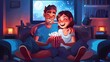 © Farid - Happy couple eating popcorn and watching TV while relaxing on the sofa.