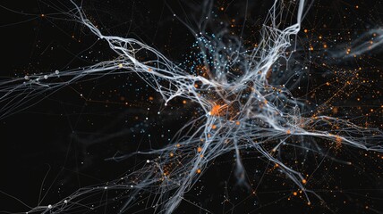 Wall Mural - Abstract network of connected neurons with glowing nodes. Digital artwork of abstract design of line and dots with black background. Neural network and technology concept for design and print. AIG53F.
