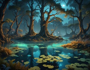 Wall Mural - A swampy landscape with lily pads growing in the water. 