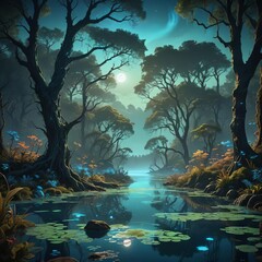 Wall Mural - A swampy landscape with lily pads growing in the water. 