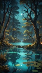Wall Mural - A swampy landscape with lily pads growing in the water. 